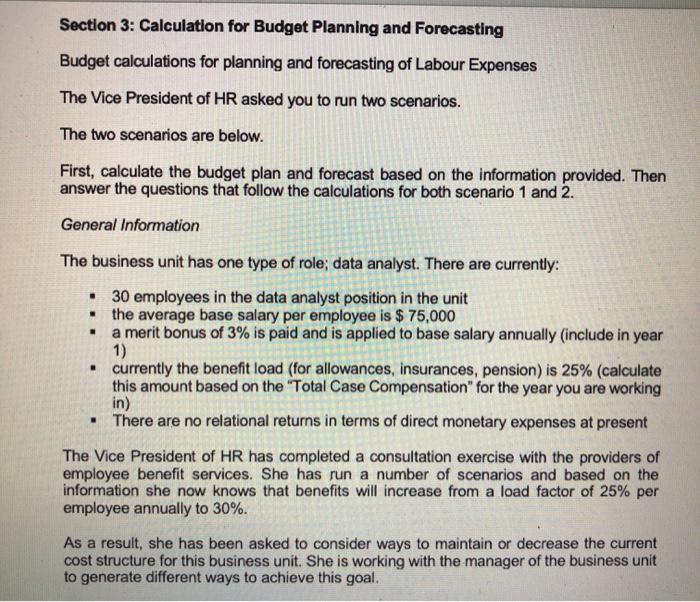  Section 3: Calculation for Budget Planning and Forecasting Budget calculations for