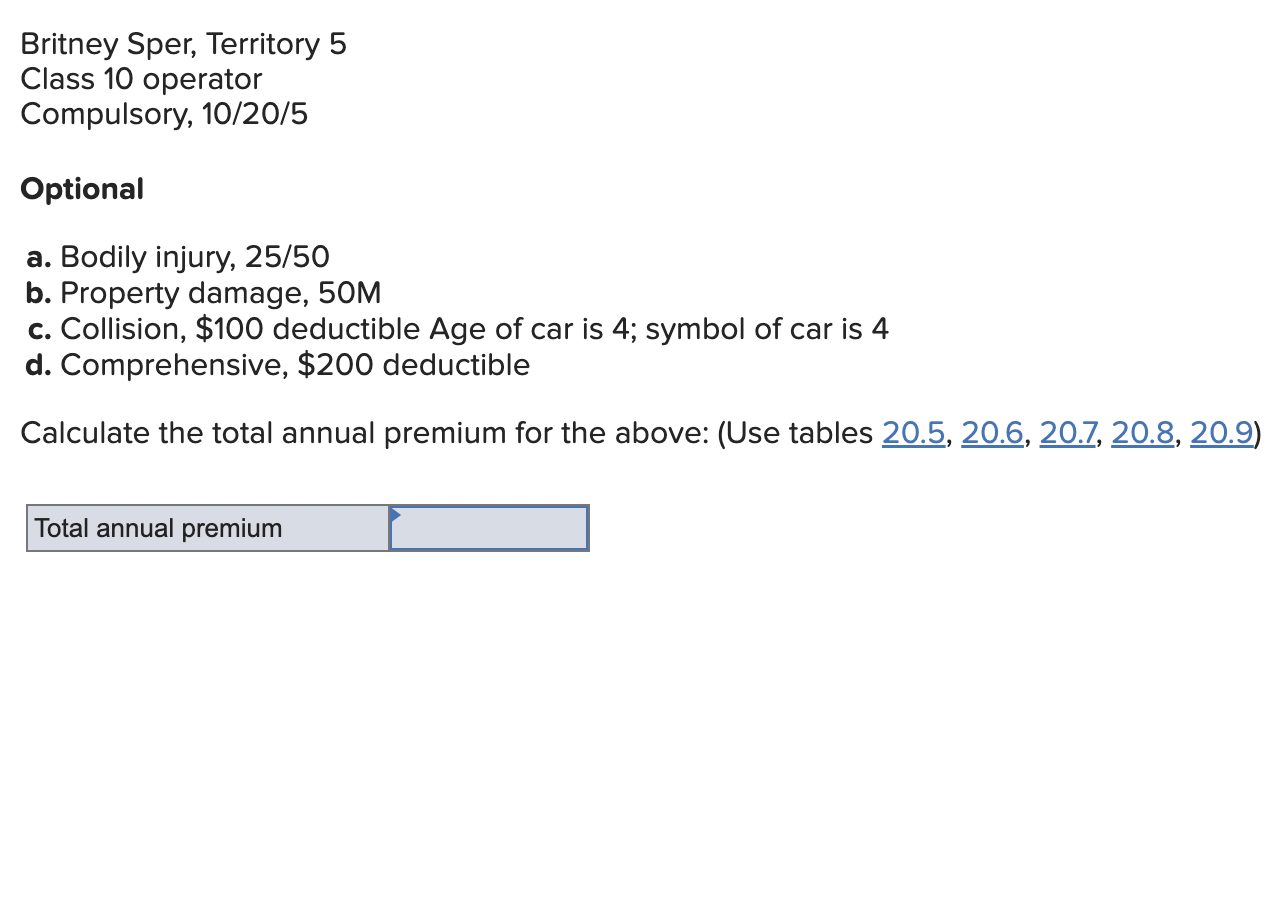Territory 5 Class 10 operator Compulsory, 10/20/5 Optional a. Bodily injury, 25/50