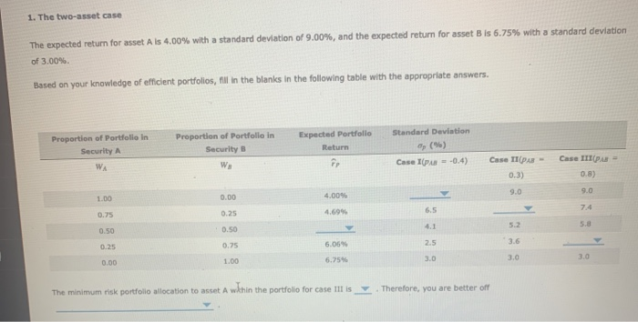  1. The two-asset case The expected return for asset Als 4.00%