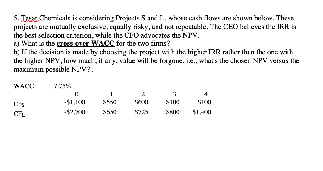 5. Tesar Chemicals is considering Projects S and L, whose cash