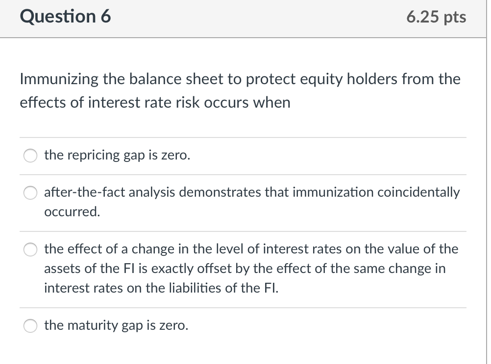 Question 6 6.25 pts Immunizing the balance sheet to protect equity