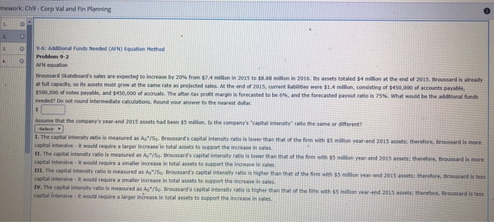  mework Ch9. Corp Val and Fin Planning 96: Additional Funds Needed