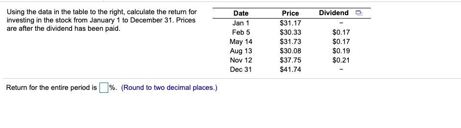 Dividendo Using the data in the table to the right, calculate