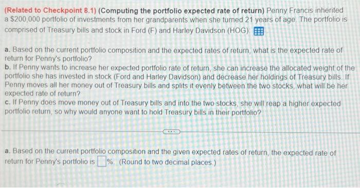 please help (Related to Checkpoint 8.1) (Computing the portfolio expected rate of