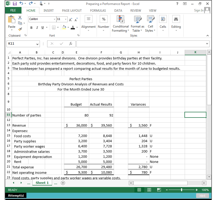 Preparing a Performance Report - Excel HOME INSERT PAGE LAYOUT FORMULAS