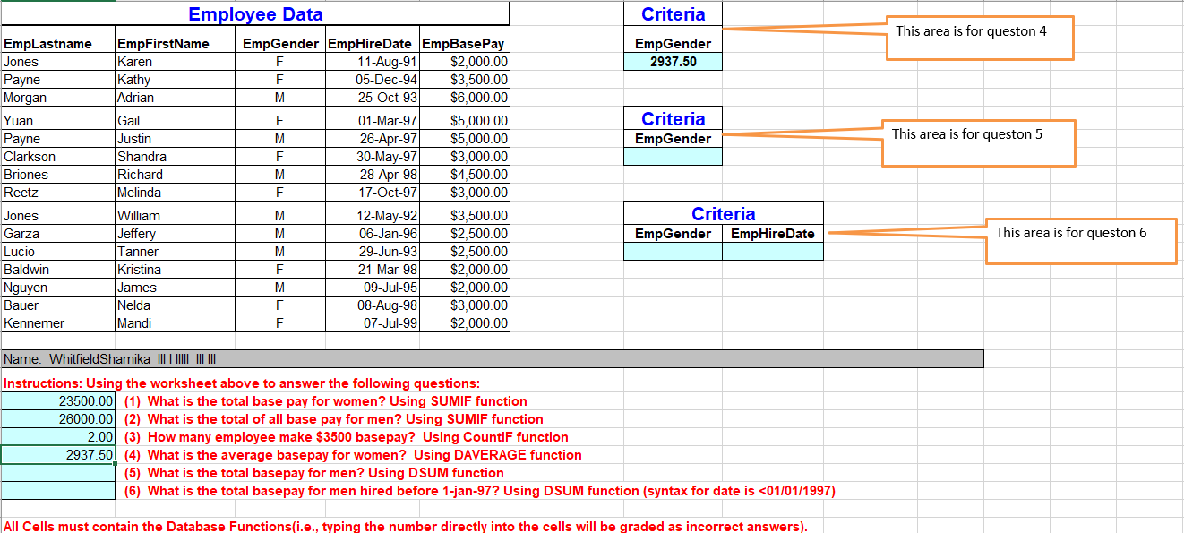 (5) What is the total basepay for men? Using DSUM function