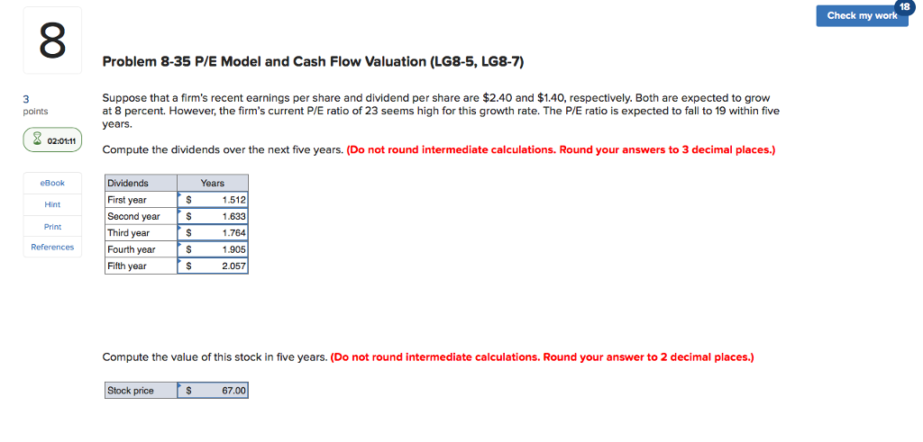  18 Check my work 8 Problem 8-35 P/E Model and Cash