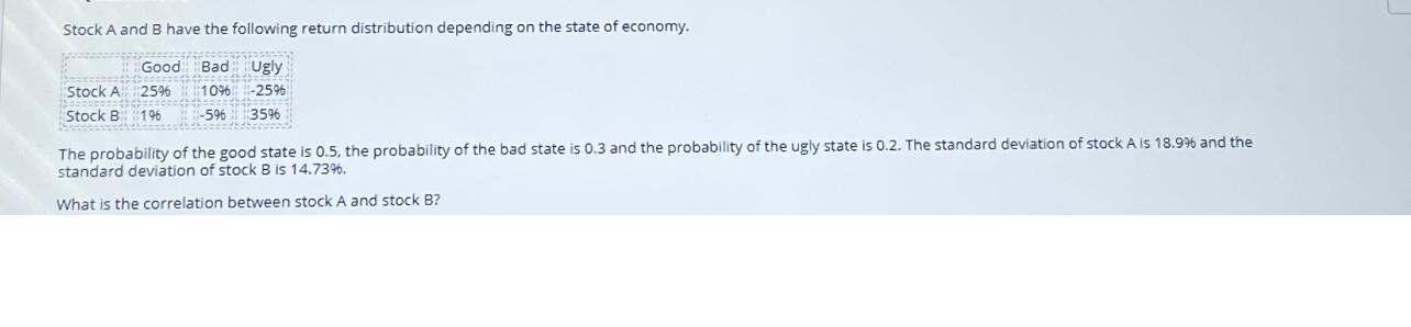 Stock A and B have the following return distribution depending on