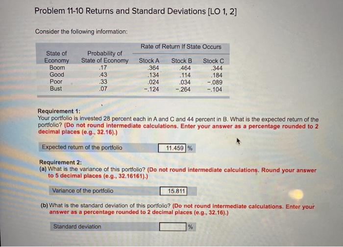  please solve both problems Problem 11-10 Returns and Standard Deviations [LO