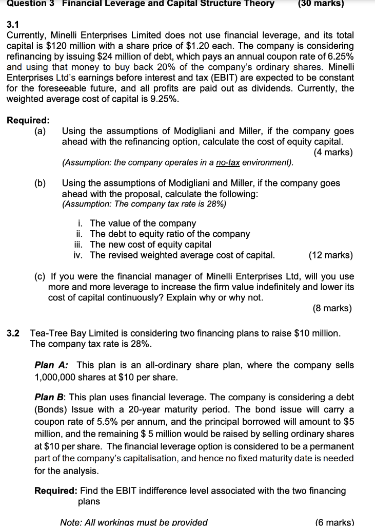  Question 3 Financial Leverage and Capital Structure Theory (30 marks) 3.1