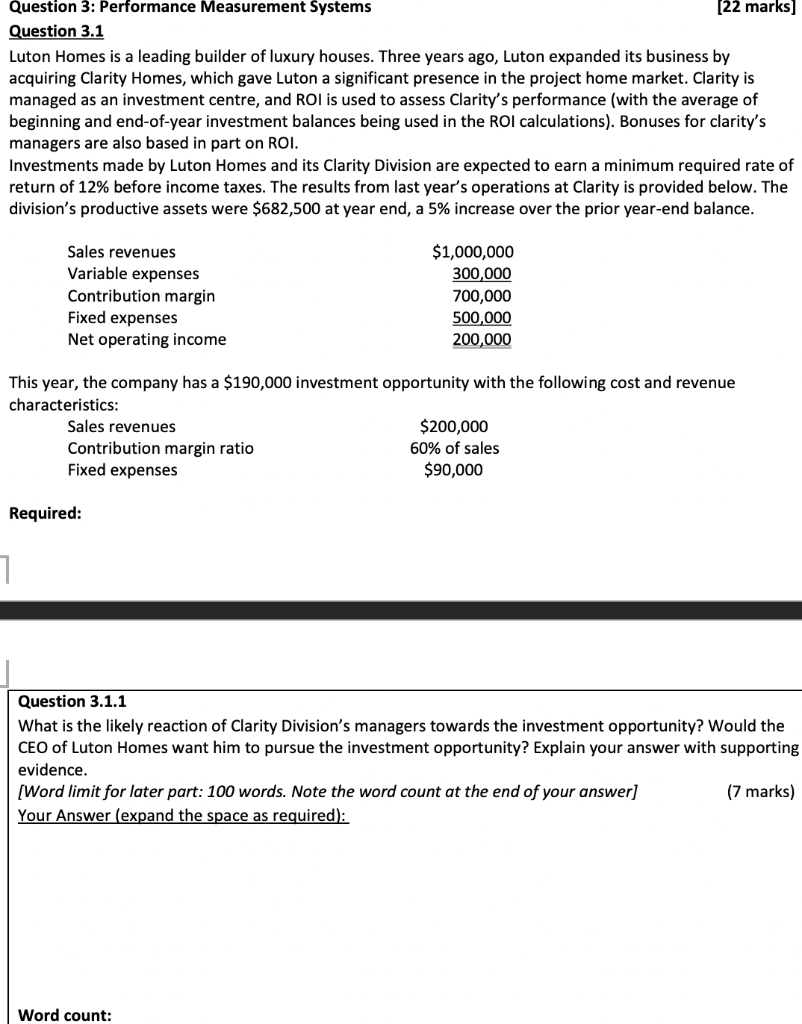 Question 3: Performance Measurement Systems (22 marks] Question 3.1 Luton Homes