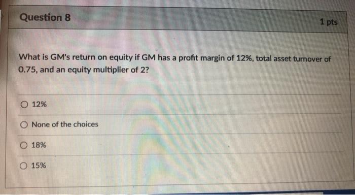  Question 8 1 pts What is GM's return on equity if