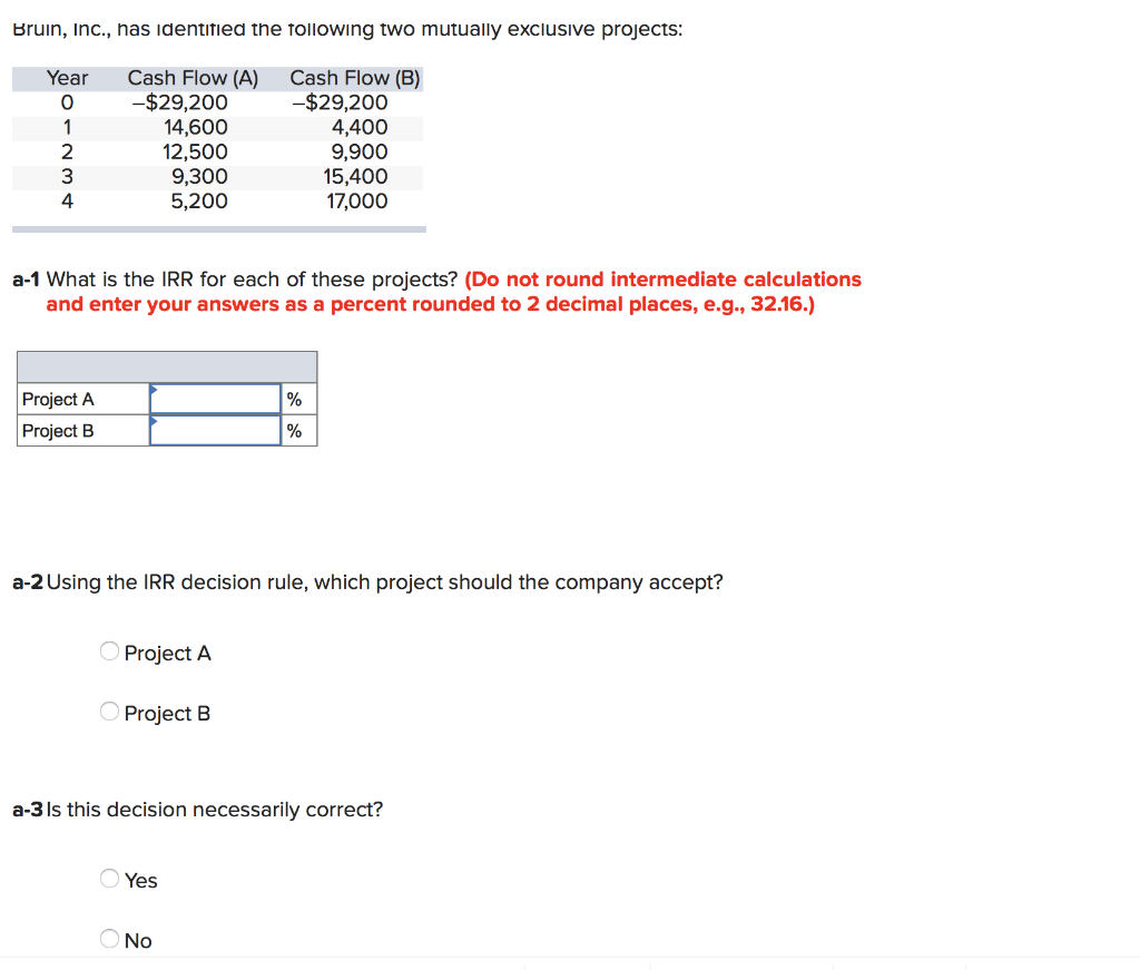 Bruin, Inc., has identified the following two mutually exclusive projects: Year