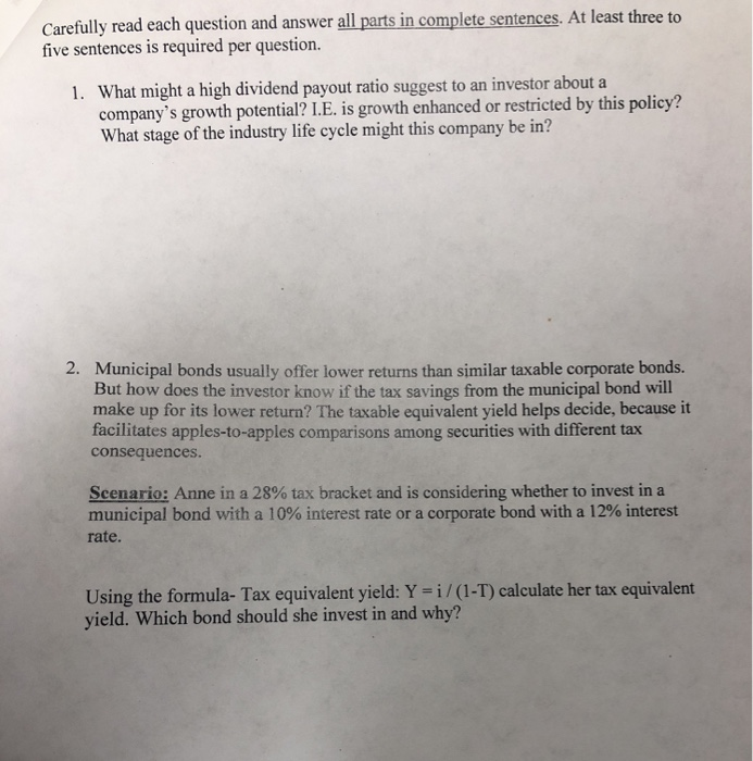  Carefully read each question and answer all parts in complete sentences.