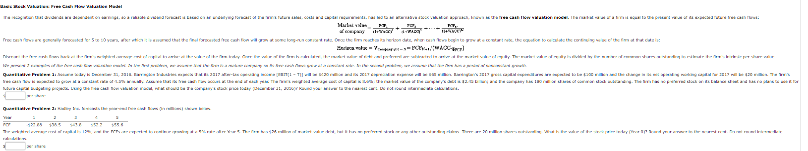  Basic Stock Valuation: Free Cash Flow Valuation Model SA+WAOC + 9+WACCT
