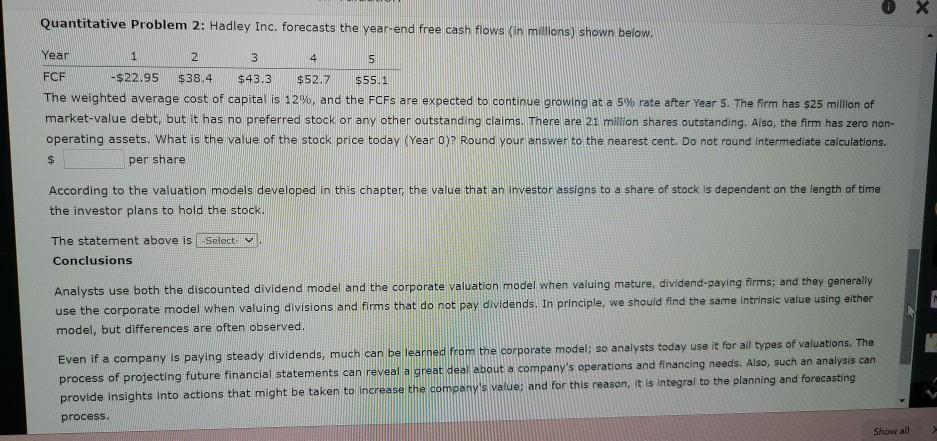 help please and thank you Quantitative Problem 2: Hadley Inc. forecasts