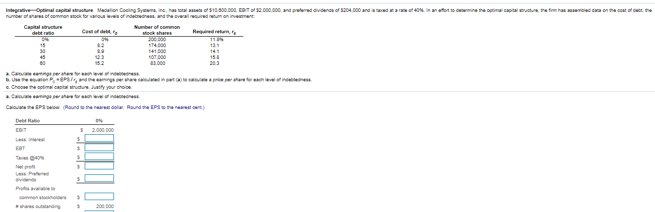 Please bold answer Integrative-Optimal capital structure Medallion Cooling Systems, Inc., has