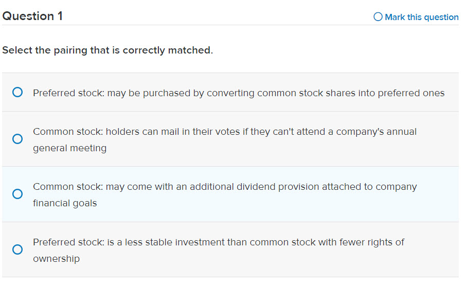  Question 1 O Mark this question Select the pairing that is