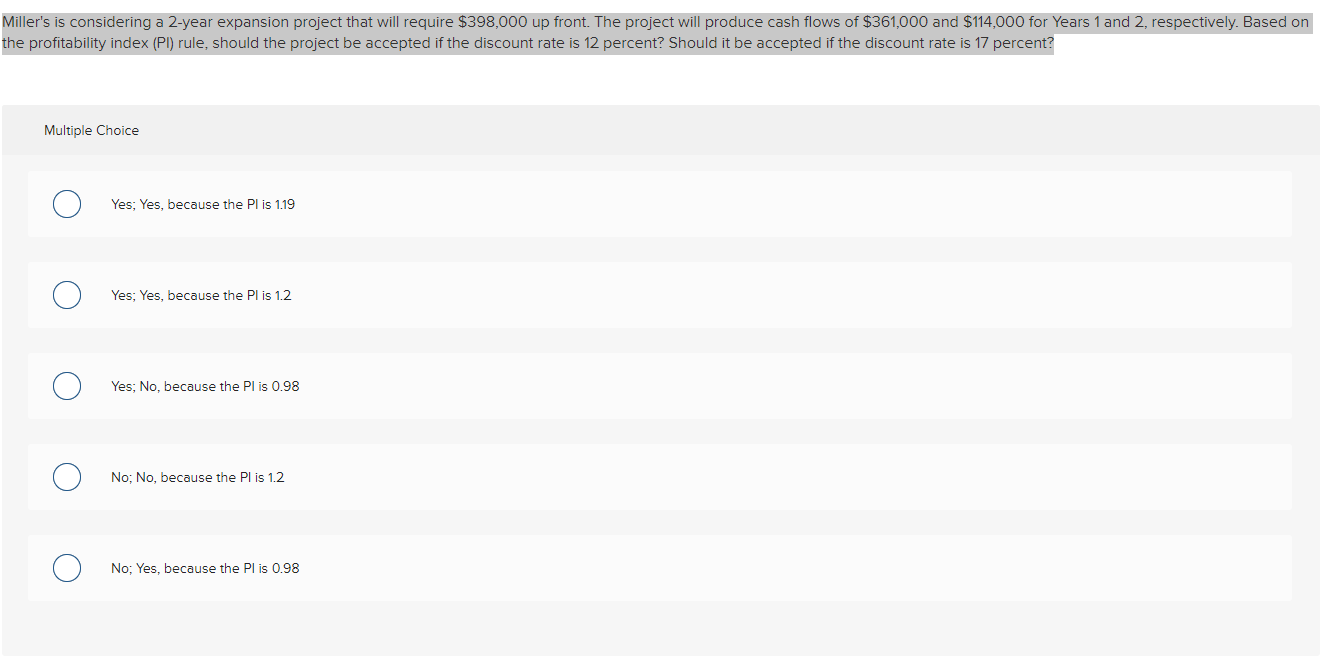 Miller's is considering a 2-year expansion project that will require $398,000