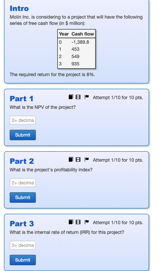 Intro Molin Inc. is considering to a project that will have