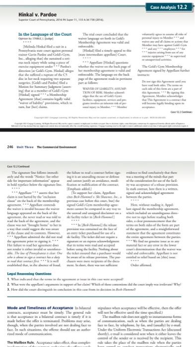  Question 2 only Case Analysis 12.2 Hinkal v. Pardoe Swart Gola