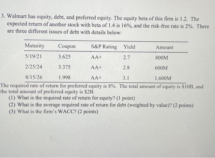  3. Walmart has equity, debt, and preferred equity. The equity beta