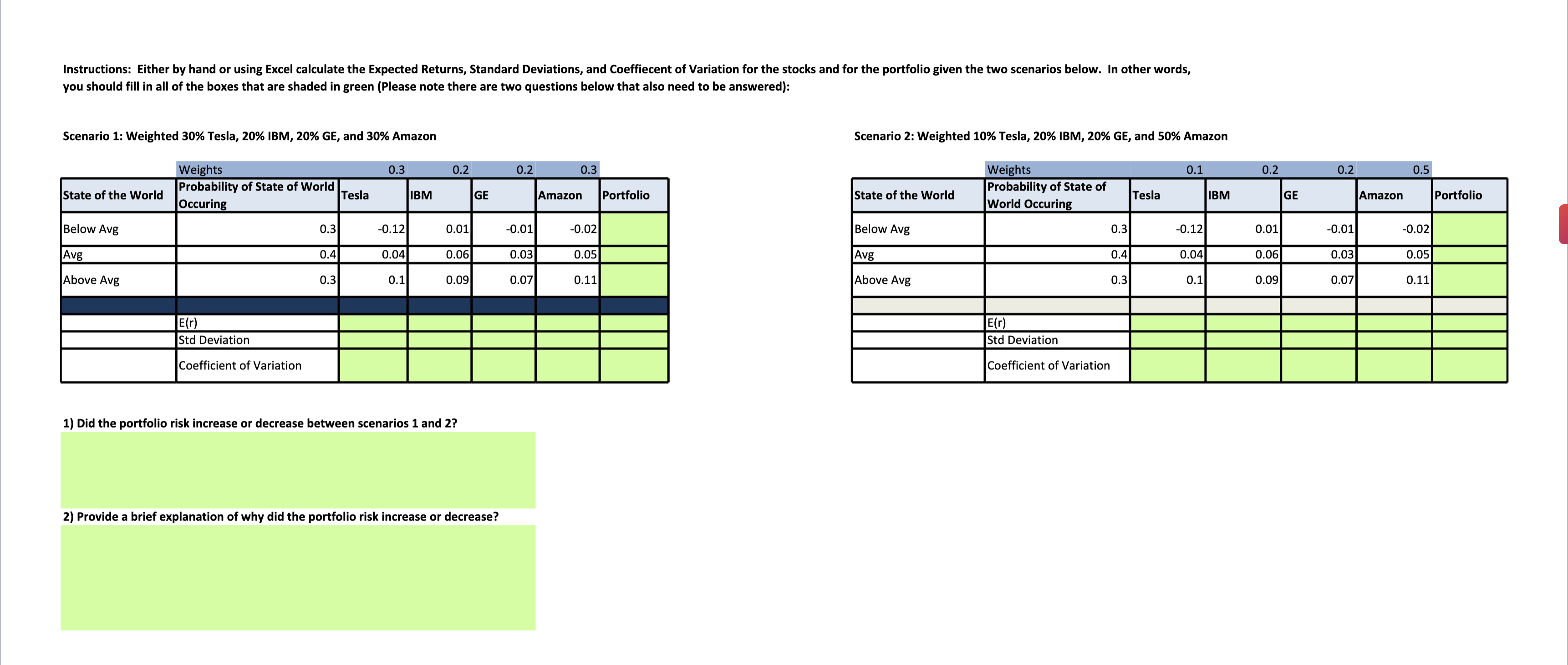  Instructions: Either by hand or using Excel calculate the Expected Returns,