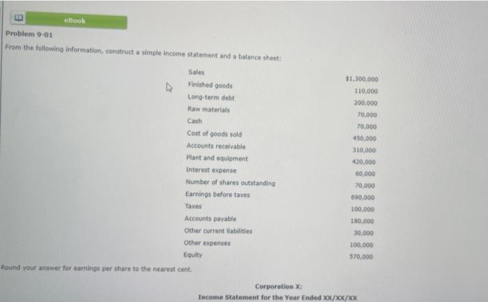  ebook Problem 9-01 From the following information, construct a simple income