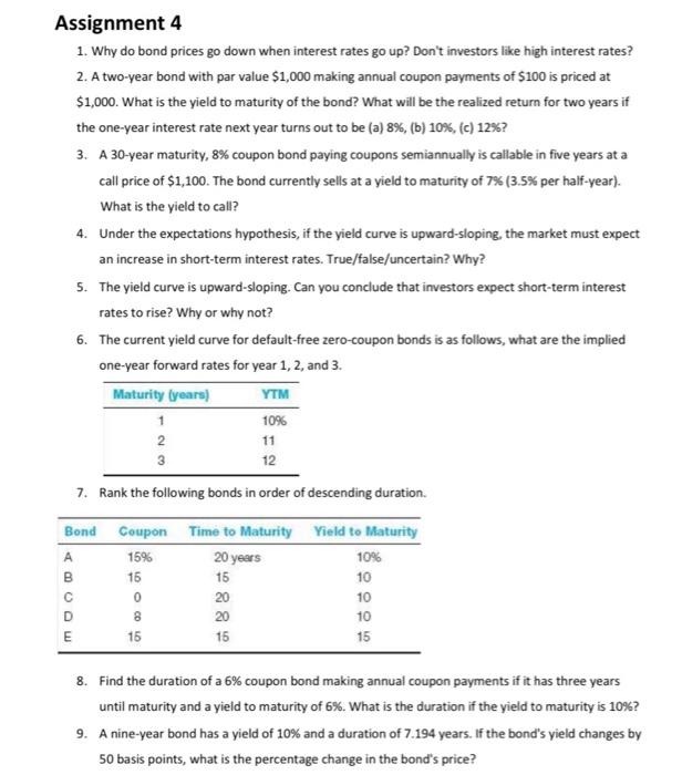  Assignment 4 1. Why do bond prices go down when interest