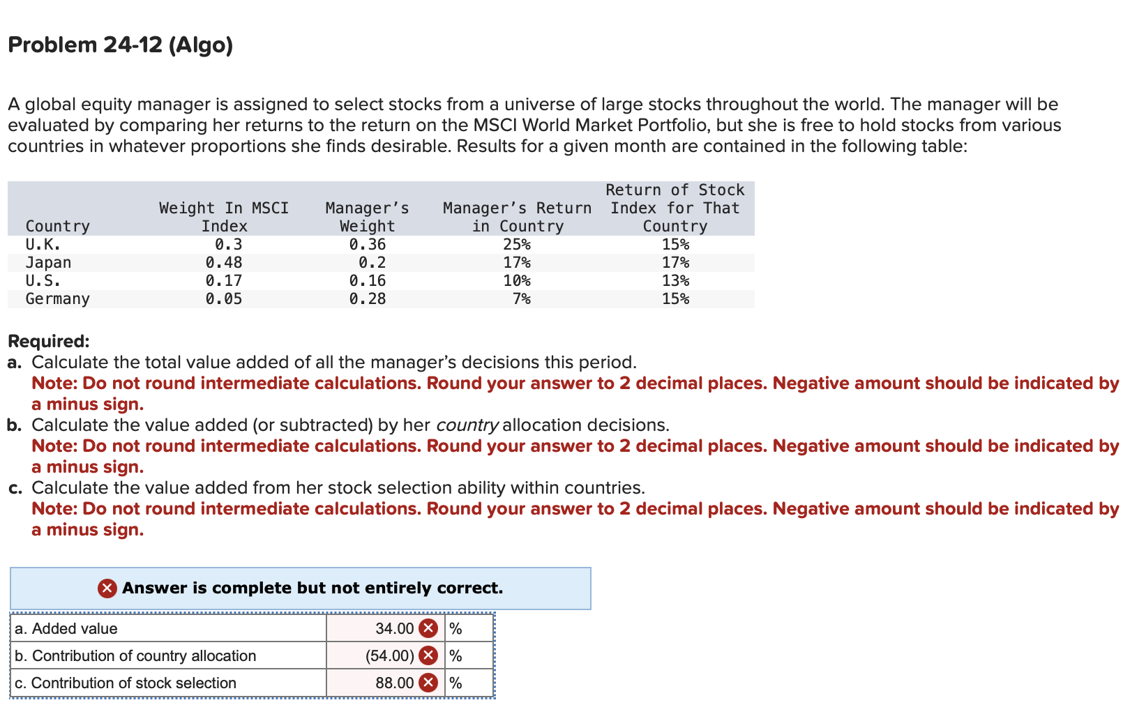  Problem 24-12(Algo) A global equity manager is assigned to select stocks