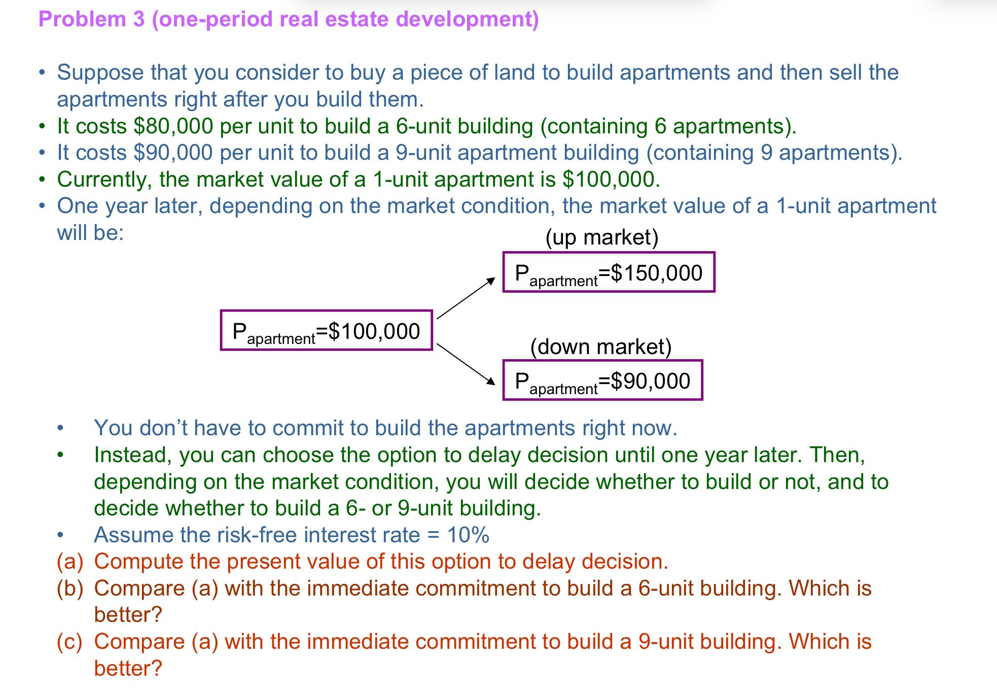 Problem 3 (one-period real estate development) Suppose that you consider to buy