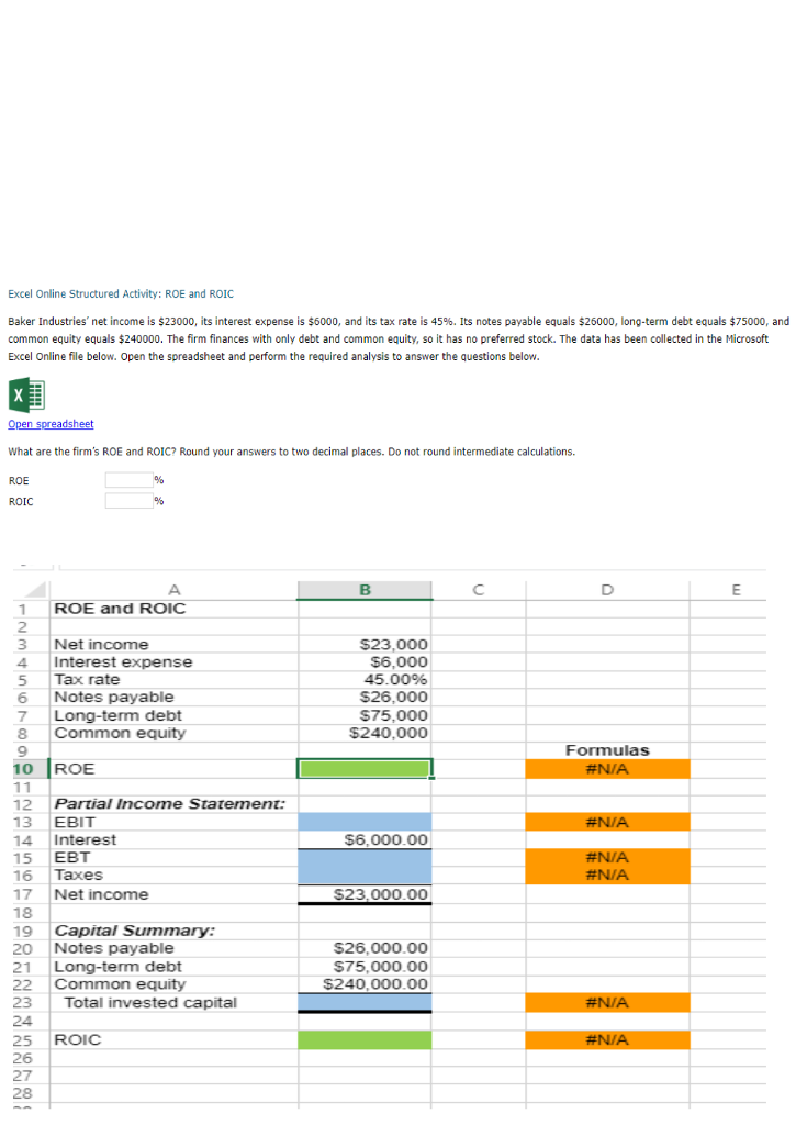 Excel Online Structured Activity: ROE and ROIC Baker Industries, net income