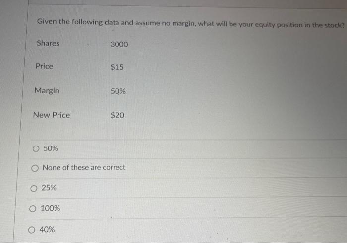  Given the following data and assume no margin, what will be