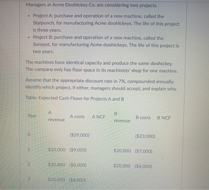  Managers at Acme Doohickey Co. are considering two projects. Project A: