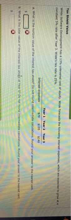  Tax Shield Value Wilde Software Development has a 13% unlevered cost