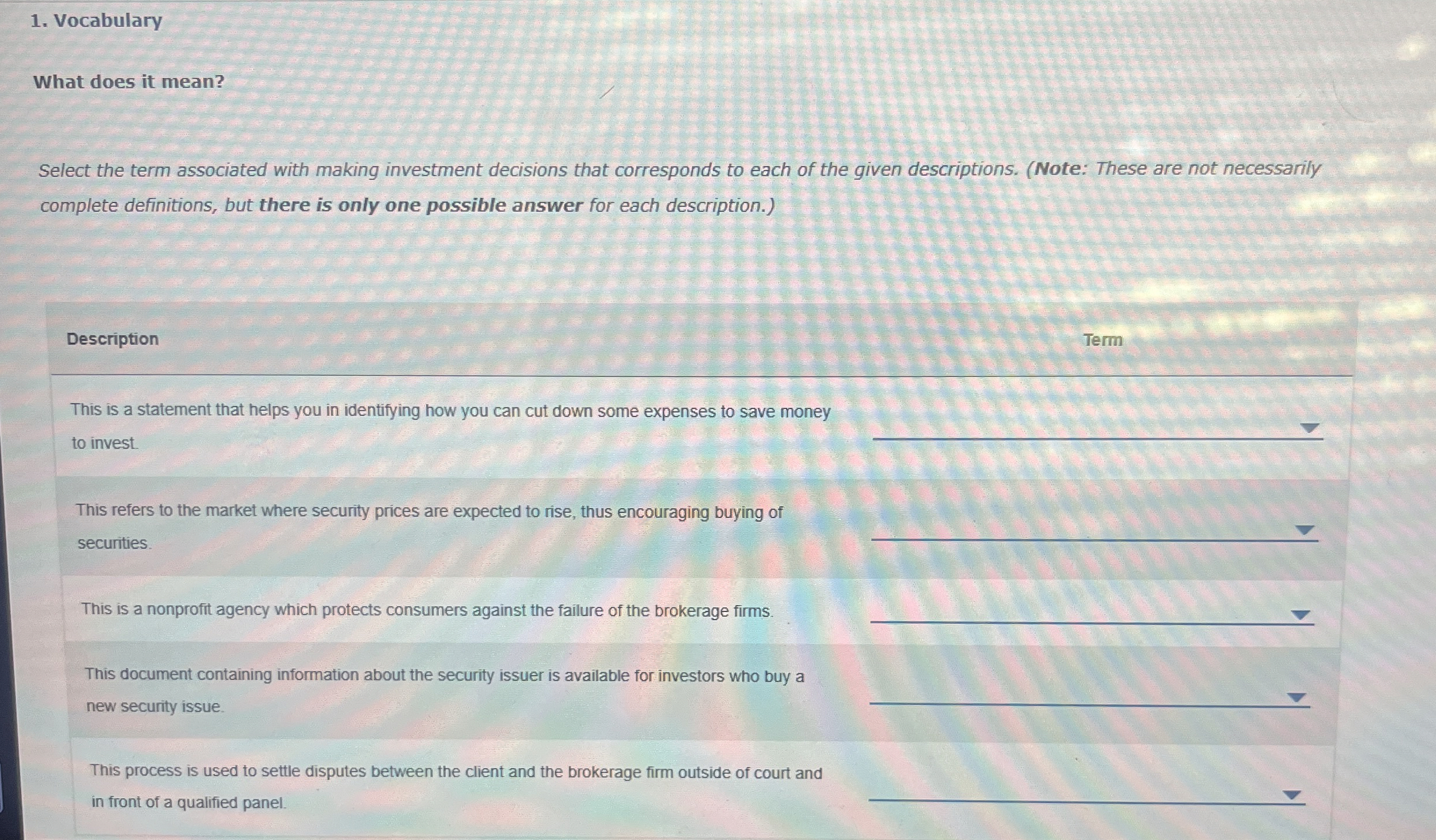  Vocabulary What does it mean? Select the term associated with making