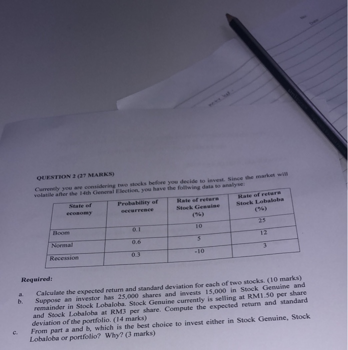  QUESTION 2 (27 MARKS) Currently you are considering two stocks before