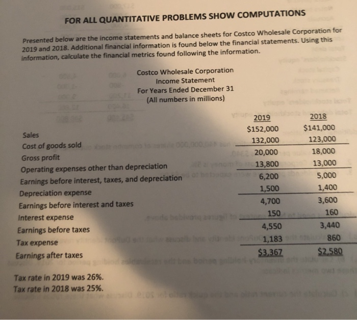  FOR ALL QUANTITATIVE PROBLEMS SHOW COMPUTATIONS Presented below are the income