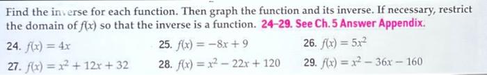  Find the inverse for each function. Then graph the function and