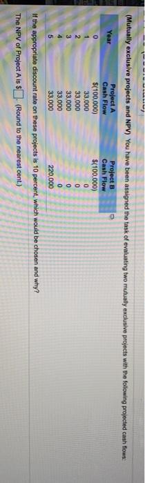  0 (Mutually exclusive projects and NPV) You have been assigned the