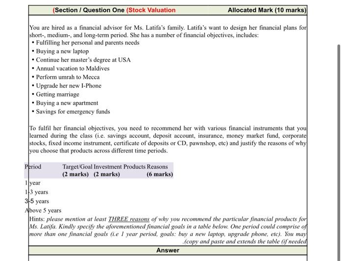  (Section / Question One (Stock Valuation Allocated Mark (10 marks) You