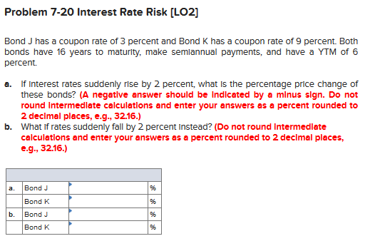  Problem 7-20 Interest Rate Risk [LO2] Bond J has a coupon