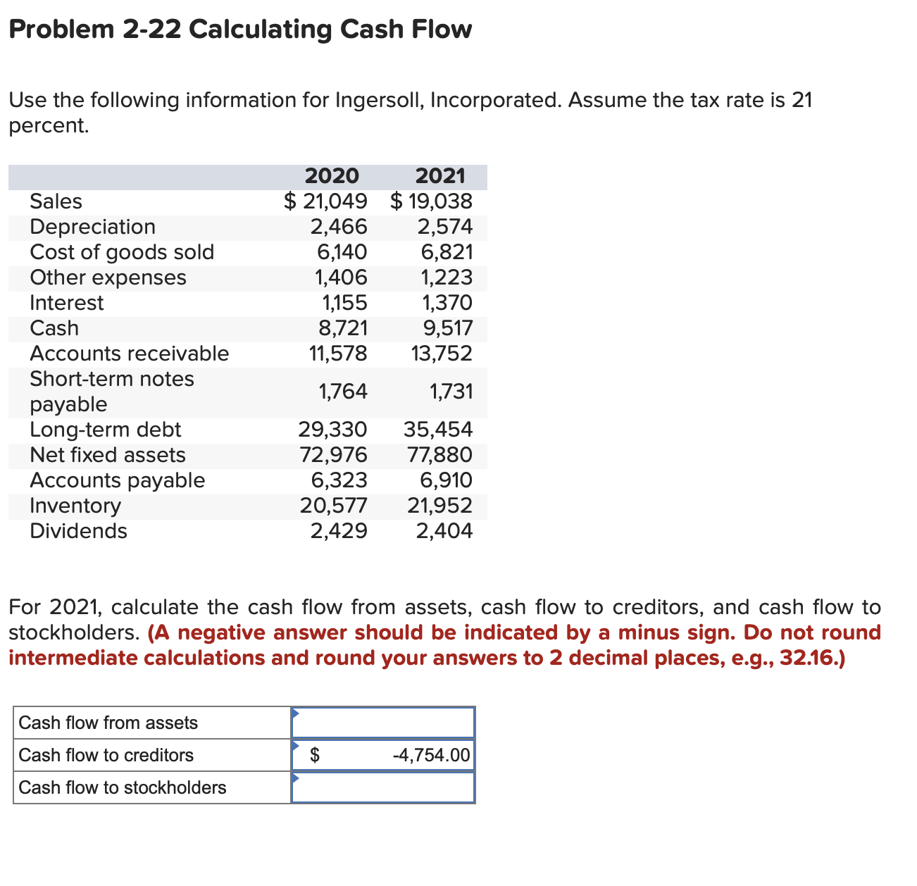  Problem 2-22 Calculating Cash Flow Use the following information for Ingersoll,