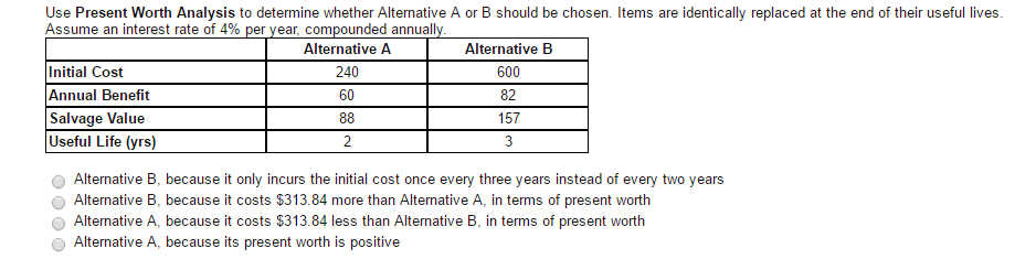 Use Present Worth Analysis to determine whether Alternative A or B