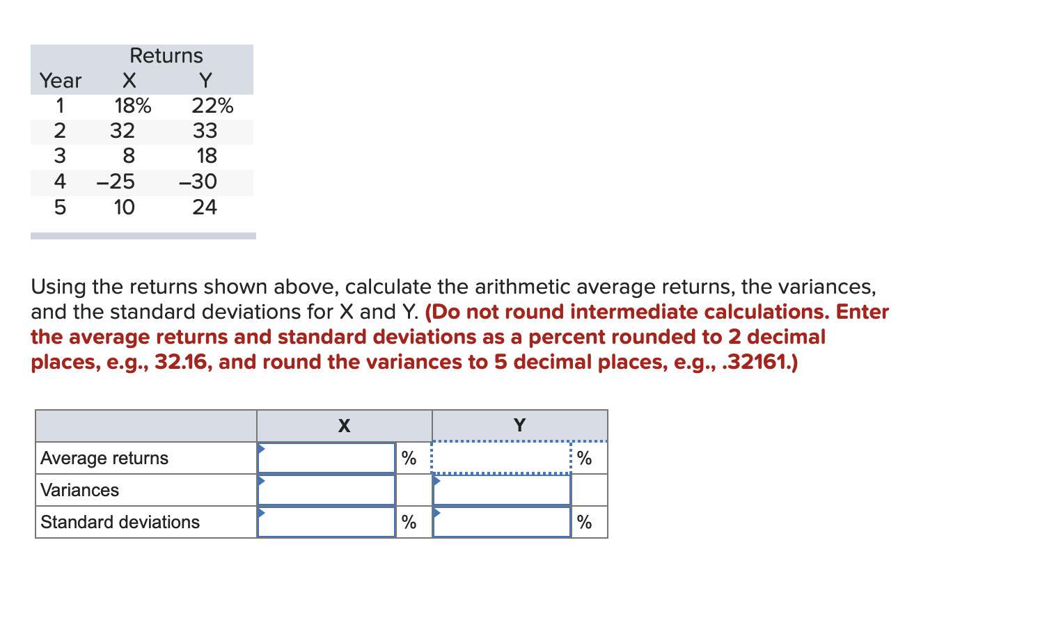  Using the returns shown above, calculate the arithmetic average returns, the