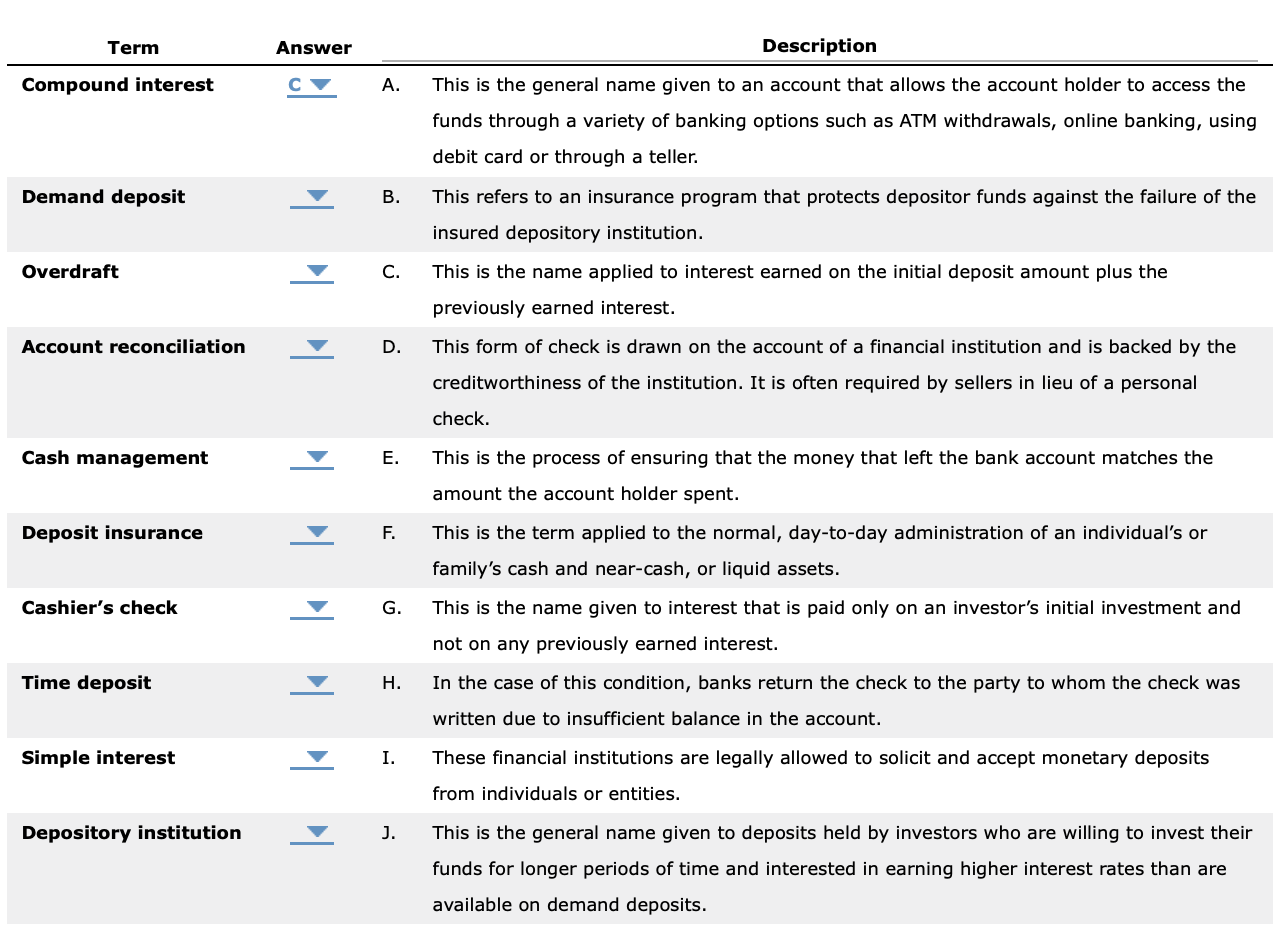 Term Answer Description Compound interest A. This is the general name