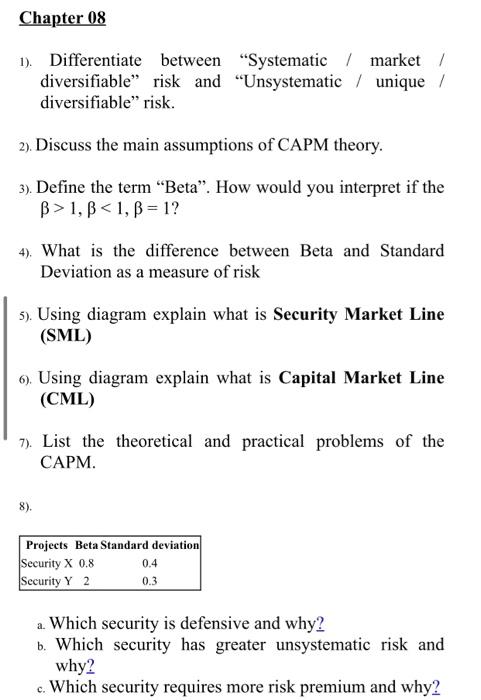  Chapter 08 1). Differentiate between "Systematic / market / diversifiable" risk