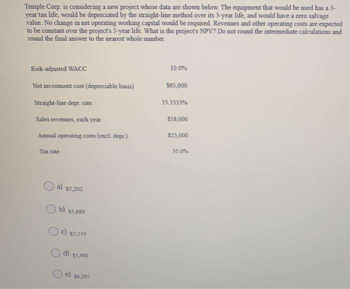 Temple Corp. is considering a new project whose data are shown below.