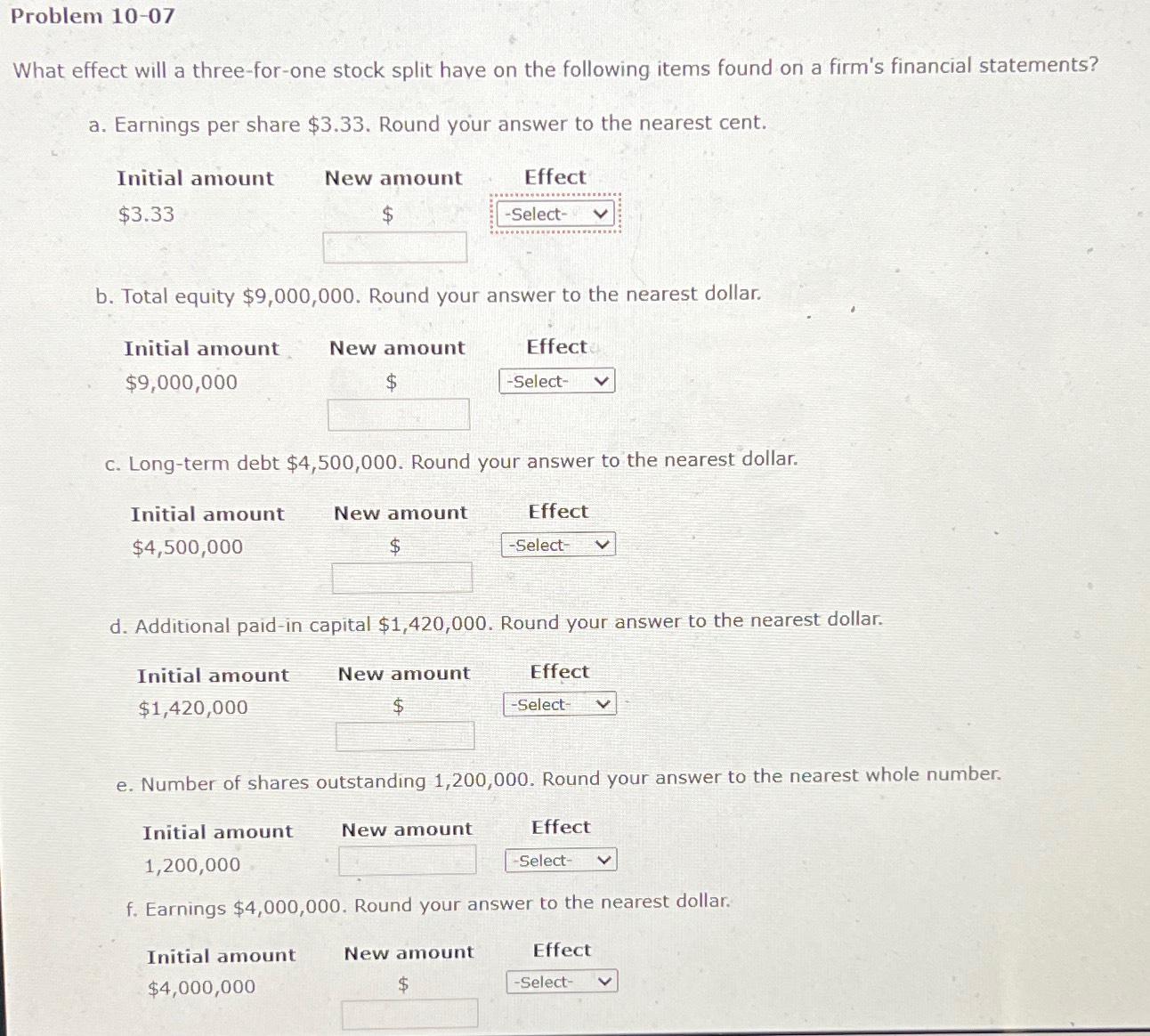  Problem 10-07 What effect will a three-for-one stock split have on