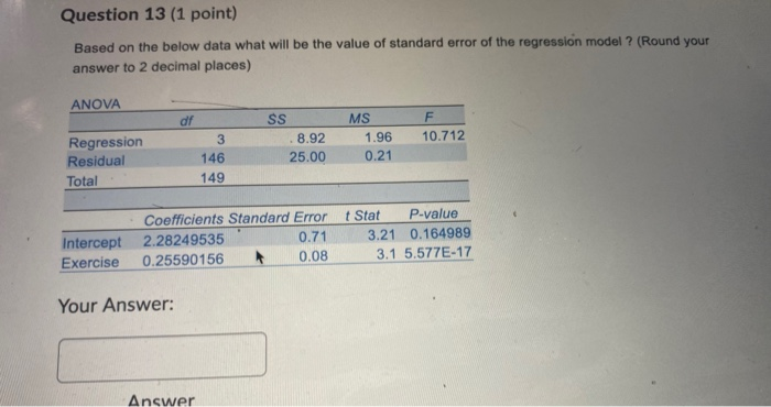  Question 13 (1 point) Based on the below data what will